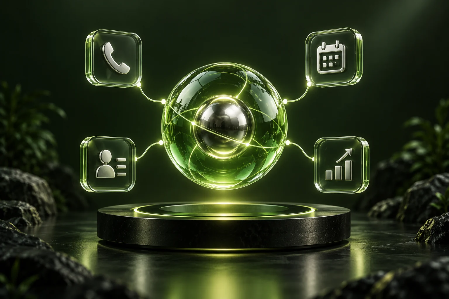 A lime glass hub connects calls, appointments, customer records and business growth.