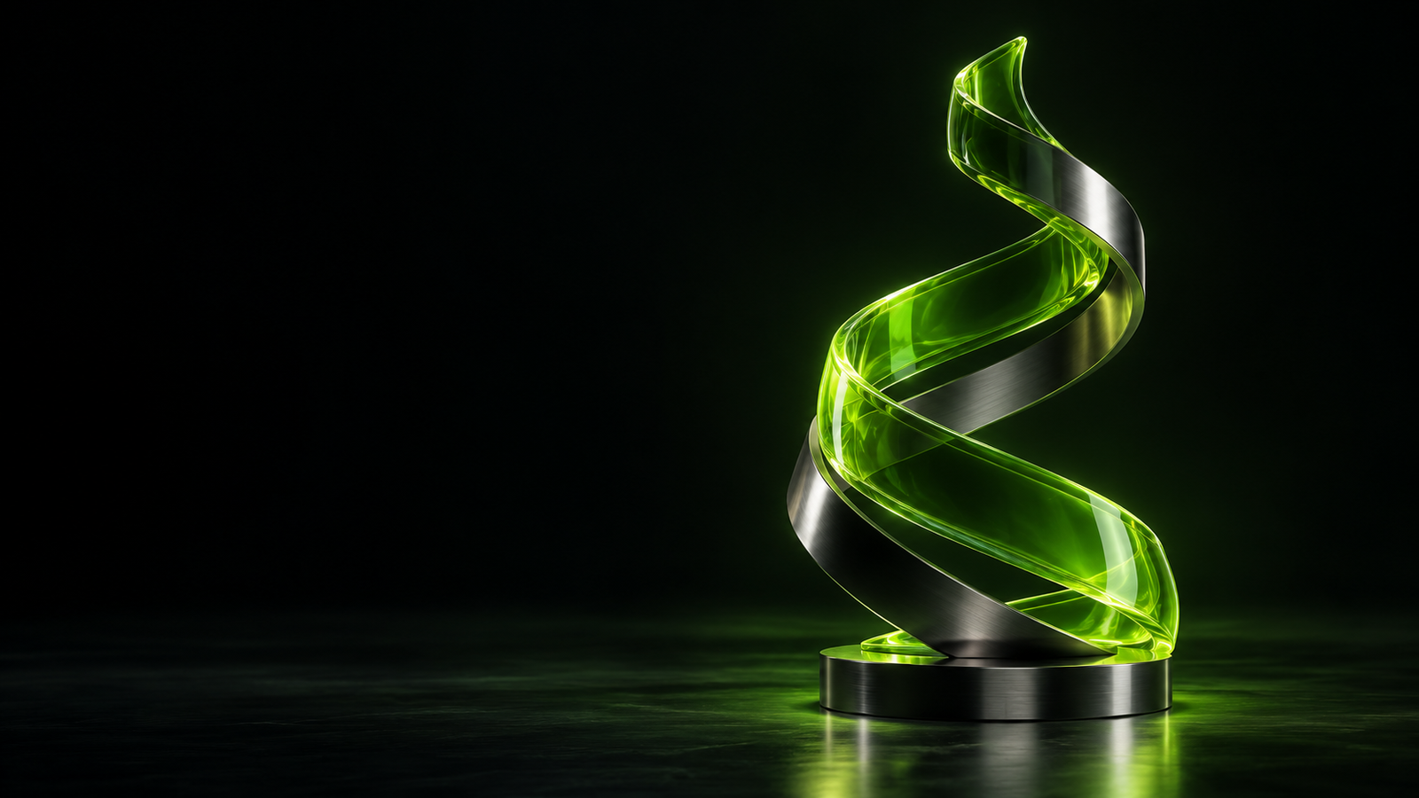 Lime glass and chrome sculpture representing connected business systems.